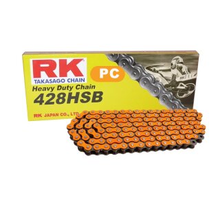 Motorcycle Chain in NEON ORANGE RK PC428SB with 132 Links and Clip Connecting Link  open