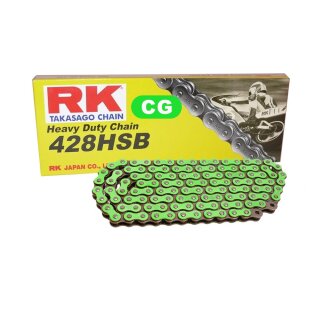 Motorcycle Chain in GREEN RK CG428HSB with 122 Links and Clip Connecting Link  open