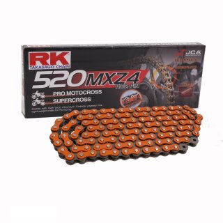 MotoCross Racing Chain in ORANGE RK 520MXZ4 with 110 Links and Clip  Connecting Link  open
