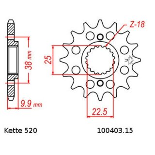 Ritzel Stahl Teilung 520 mit 15 Zähnen JTF403.15