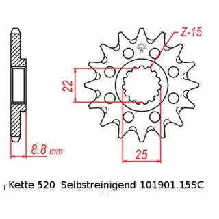 Ritzel Stahl Teilung 520 mit 15 Zähnen selbstreinigend JTF1901