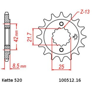 Ritzel Stahl Teilung 520 mit 16 Zähnen JTF512.16