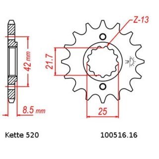 Ritzel Stahl Teilung 520 mit 16 Zähnen JTF516.16