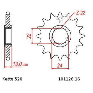 Ritzel Stahl Teilung 520 mit 16 Zähnen JTF1126.16