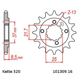 Ritzel Stahl Teilung 520 mit 16 Zähnen JTF1309.16