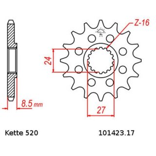 Ritzel Stahl Teilung 520 mit 17 Zähnen JTF1423.17