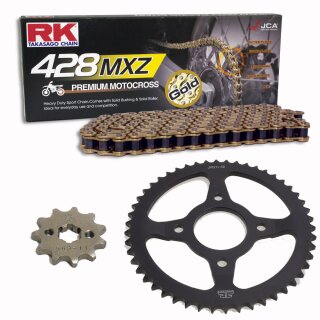Kettensatz geeignet für Suzuki RM 85 small Wheel 02-15  Kette RK GB 428 MXZ 118  offen  GOLD/14/47