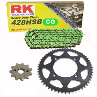 Chain and Sprocket Set compatible for Suzuki GN 125 94-96  chain RK CG 428 HSB 114  open  GREEN  14/42