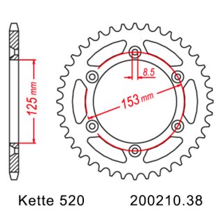 Kettenrad Stahl Teilung 520 und 38 Zähnen JTR210.38
