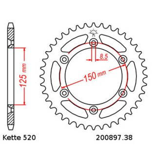 Steel rear sprocket with pitch 520 and 38 teeth JTR897.38