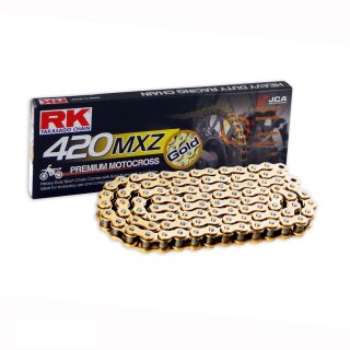 MotoCross Racing Motorradkette in GOLD RK GB420MXZ mit 90 Rollen und Clipschloss  offen