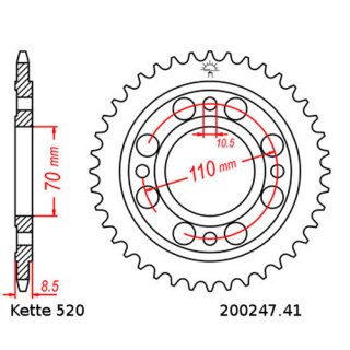Kettenrad Stahl Teilung 520 und 41 Zähnen JTR247.41