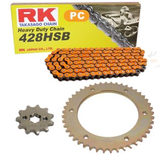 Kettensatz geeignet für Hyosung XRX 125 Super Motard 07-14 Kette RK PC 428 HSB 132 offen ORANGE 14/46/ALU