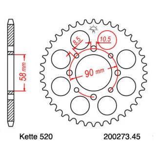 Steel rear sprocket with pitch 520 and 45 teeth JTR273.45