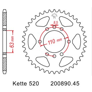 Steel rear sprocket with pitch 520 and 45 teeth JTR890.45