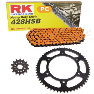 Kettensatz geeignet für Kreidler Supermoto 125 DT 06-07  Trommelbremse  Kette RK PC 428 HSB 136  offen  ORANGE  15/51