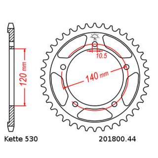 Steel rear sprocket with pitch 530 and 44 teeth JTR1800.44
