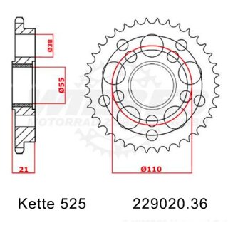 Kettenrad Stahl mit Teflonring Teilung 525 mit 36 Zähnen Esjot 29020.36