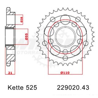 Kettenrad Stahl mit Teflonring Teilung 525 mit 43 Zähnen Esjot 29020.43