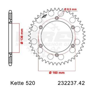 Aluminium rear sprocket with pitch 520 and 42 teeth Wieres 1638-42-A