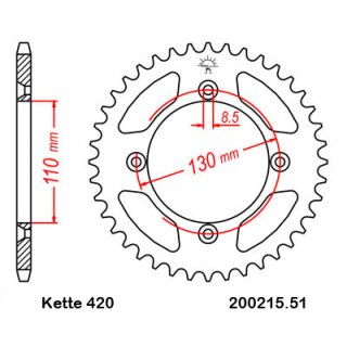 Aluminium Kettenrad Teilung 420 mit 51 Zähnen selbstreinigend JTA215.51SC