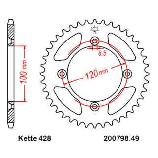 Aluminium Kettenrad Teilung 428 mit 49 Zähnen selbstreinigend JTA798.49SC