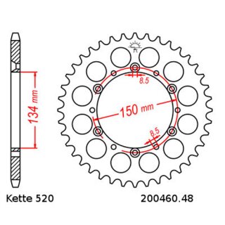 Aluminium Kettenrad Teilung 520 mit 48 Zähnen selbstreinigend JTA460.48SC