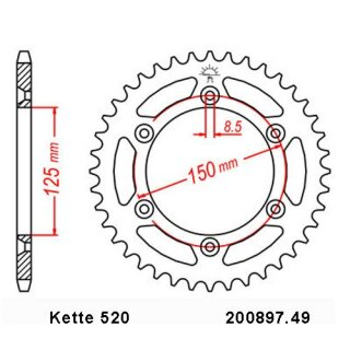 Aluminium Kettenrad Teilung 520 mit 49 Zähnen selbstreinigend JTA897.49SC