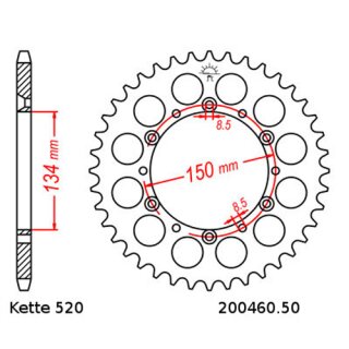 Aluminium Kettenrad Teilung 520 mit 50 Zähnen selbstreinigend JTA460.50SC