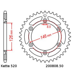 Aluminium Kettenrad Teilung 520 mit 50 Zähnen selbstreinigend JTA808.50SC