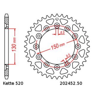 Aluminium Kettenrad Teilung 520 mit 50 Zähnen selbstreinigend JTA2452.50SC
