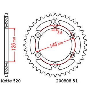 Aluminium Kettenrad Teilung 520 mit 51 Zähnen selbstreinigend JTA808.51SC