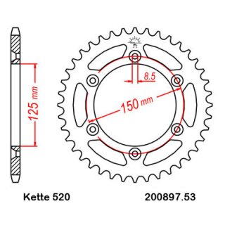 Aluminium Kettenrad Teilung 520 mit 53 Zähnen selbstreinigend JTA897.53SC