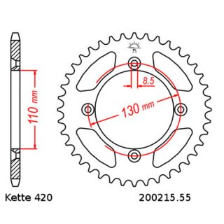 Aluminium Kettenrad Teilung 420 mit 55 Zähnen JTA215.55
