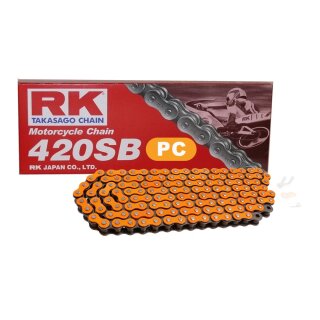 Motorradkette ORANGE RK PC420SB mit 92 Rollen und Clipschloss  offen