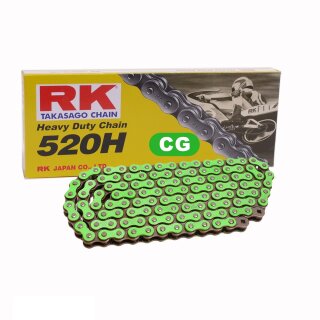 Motorradkette in GRÜN RK CG520H mit 96 Rollen und Clipschloss  offen