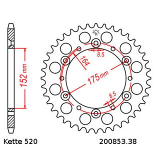Aluminium Kettenrad Teilung 520 mit 38 Zähnen JTA853.38