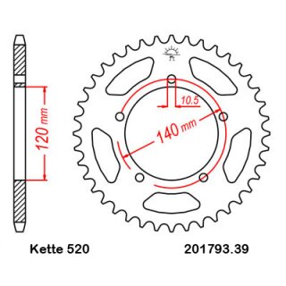 Aluminium Kettenrad Teilung 520 mit 39 Zähnen JTA1793.39