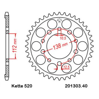Aluminium Kettenrad Teilung 520 mit 40 Zähnen JTA1303.40