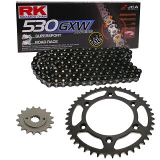Chain and Sprocket Set compatible for Yamaha GTS 1000 Conversion 93-99  Chain RK BL 530 GXW 118  BLACK SCALE  open  17/47