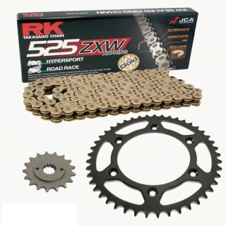 Chain and Sprocket Set compatible for Kawasaki ZR-7 99-04, Chain RK GB525ZXW 108, open, GOLD, 16/38