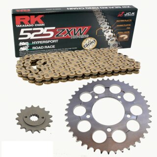 Chain and Sprocket Set compatible for Kawasaki ZX-10 R 06-07, Chain RK GB525ZXW 108, open, GOLD, 17/40