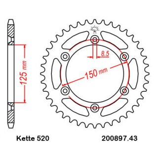Aluminium rear sprocket with pitch 520 and 43 teeth JTA897.43