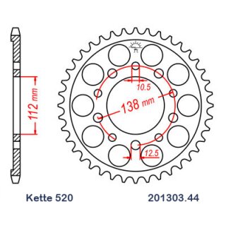 Aluminium Kettenrad Teilung 520 mit 44 Zähnen JTA1303.44