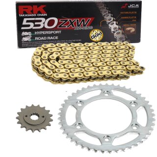 Chain and Sprocket Set compatible for Kawasaki GPZ 900 R Ninja  90-94, Chain RK GB 530 ZXW 112, GOLD, open, 17/48