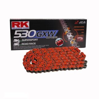 XW Ring Motorradkette in ROT RK RR530GXW mit 96 Rollen und Hohlnietschloss  offen