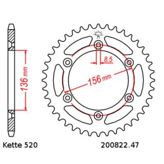 Aluminium Kettenrad Teilung 520 mit 47 Zähnen JTA822.47