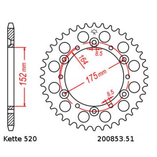 Aluminium Kettenrad Teilung 520 mit 51 Zähnen JTA853.51