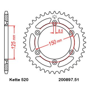 Aluminium Kettenrad Teilung 520 mit 51 Zähnen JTA897.51