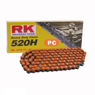 Motorradkette in ORANGE RK PC520H mit 118 Rollen und Clipschloss  offen